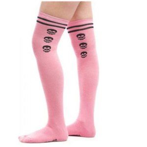 Pink Black Varsity Skull 19" Thigh High Socks Punk Rock Pastel Goth Roller Derby